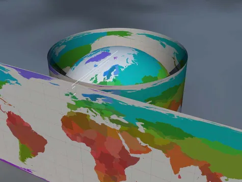 Il·lustració en 3D d'un globus terraqüi envoltat per un cilindre de paper. Els continents del globus (amb colors per zones) es projecten sobre la superfície del cilindre, que es desenrotlla en primer pla com un mapa pla on es veuen Àfrica, Europa i Àsia estirades en una quadrícula. Representa la idea de projectar la Terra esfèrica sobre una «pantalla» que després s'aplana.