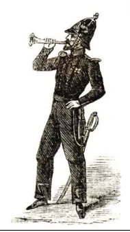Gravat antic d'un bomber de peu amb uniforme de gala, casc amb cresta i sabre a la cintura, que toca una corneta. Il·lustra que, abans de les emissores, les ordres de maniobra es transmetien amb senyals sonors.