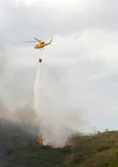 Helicòpter groc amb un cubell penjat que descarrega aigua sobre un incendi forestal amb fum.