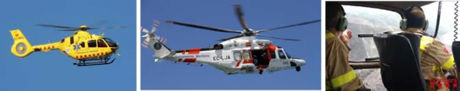 Tres fotografies. Esquerra: helicòpter groc de transport sanitari en vol. Centre: helicòpter blanc amb franges vermelles de salvament marítim (matrícula EC-LJA) en vol. Dreta: interior de la cabina d'un helicòpter amb dos bombers amb auriculars que miren el terreny per la finestra (coordinació).