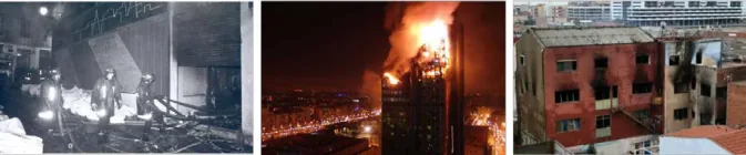 Tres fotografies. A l'esquerra, en blanc i negre, bombers a l'interior calcinat de la discoteca Flying entre runa. Al centre, de nit, la torre Windsor (gratacel) cremant a les plantes superiors amb grans flames. A la dreta, una nau de diverses plantes de maó vermell amb les obertures ennegrides i la coberta malmesa després de l'incendi de Badalona.